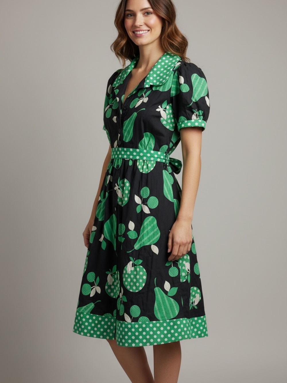 ANTHROPOLOGIE Eva Franco Navy and Green Fruit Print Dress